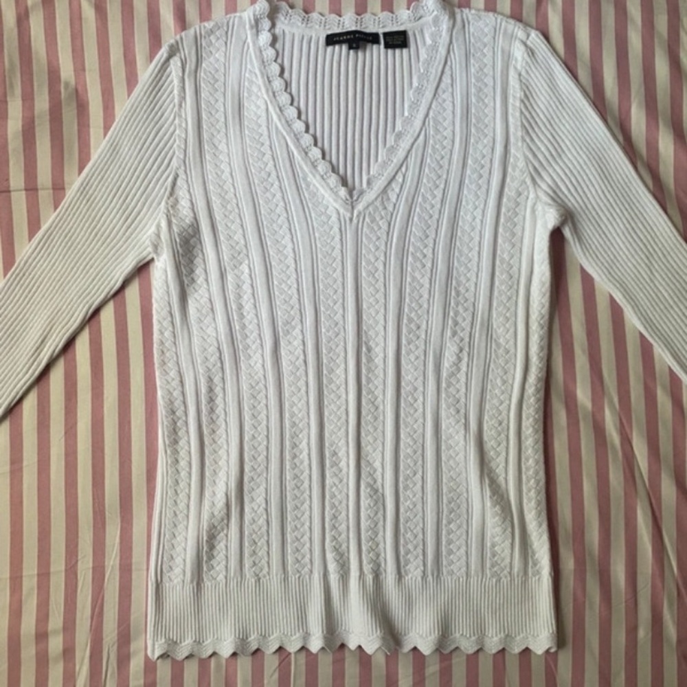 JEANNE PIERRE White Textured V-Neck Sweater